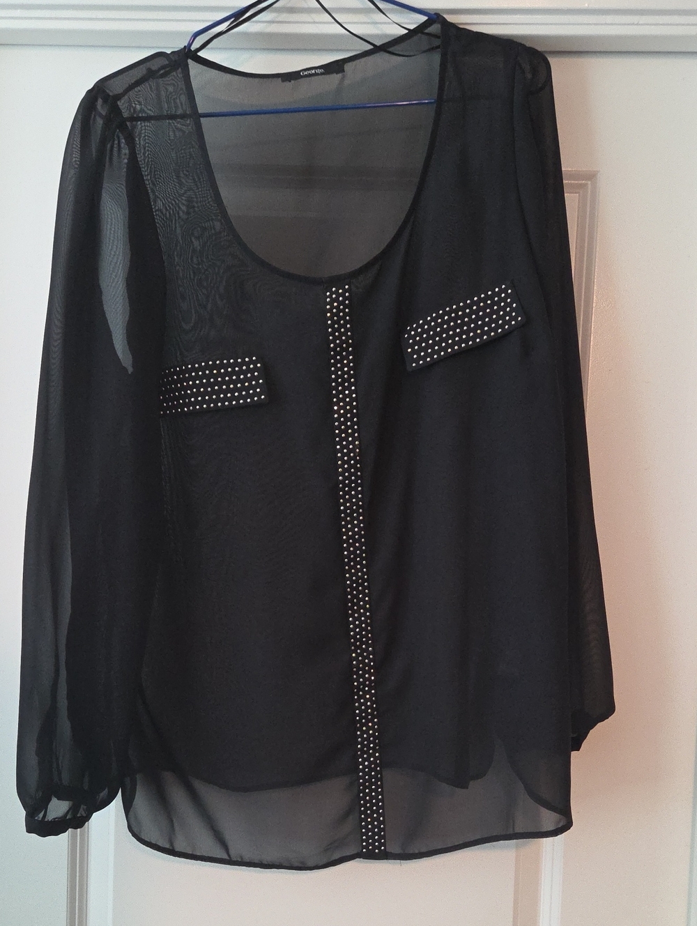 Black Sheer Stud-Trim Blouse -